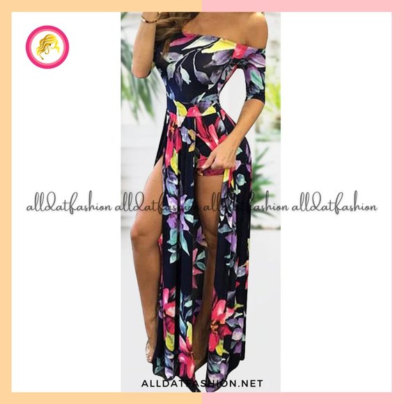 Marlene Romper Split Maxi Dress High Elasticity Floral Print Short Jumpsuit - Picture 1 of 2